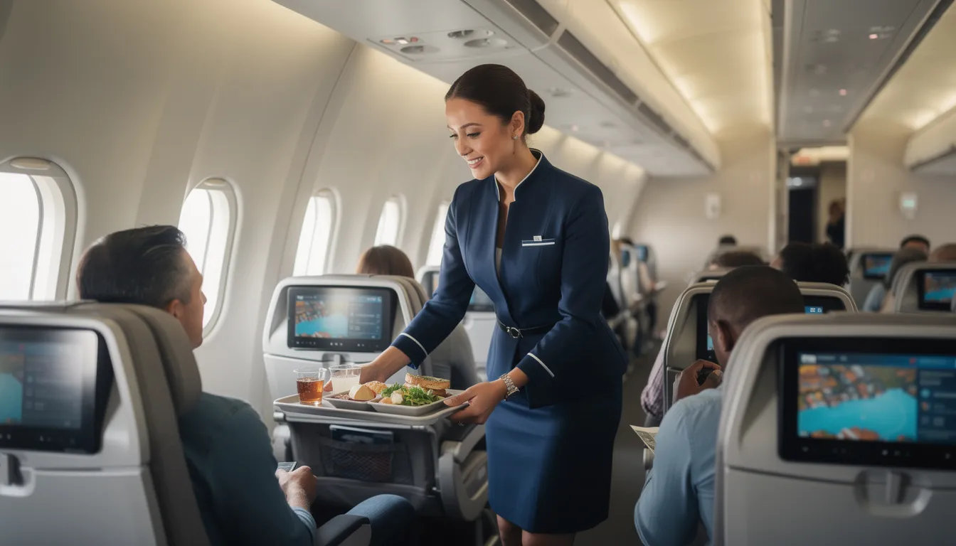 The image depicts a luxurious in-flight service setup inside a private jet, showcasing premium catering options and comfortable seating designed for a private flight experience. This setting highlights the amenities and personalized service that come with private jet travel, catering to clients' needs during their journey to popular destinations like South Florida or Orlando.