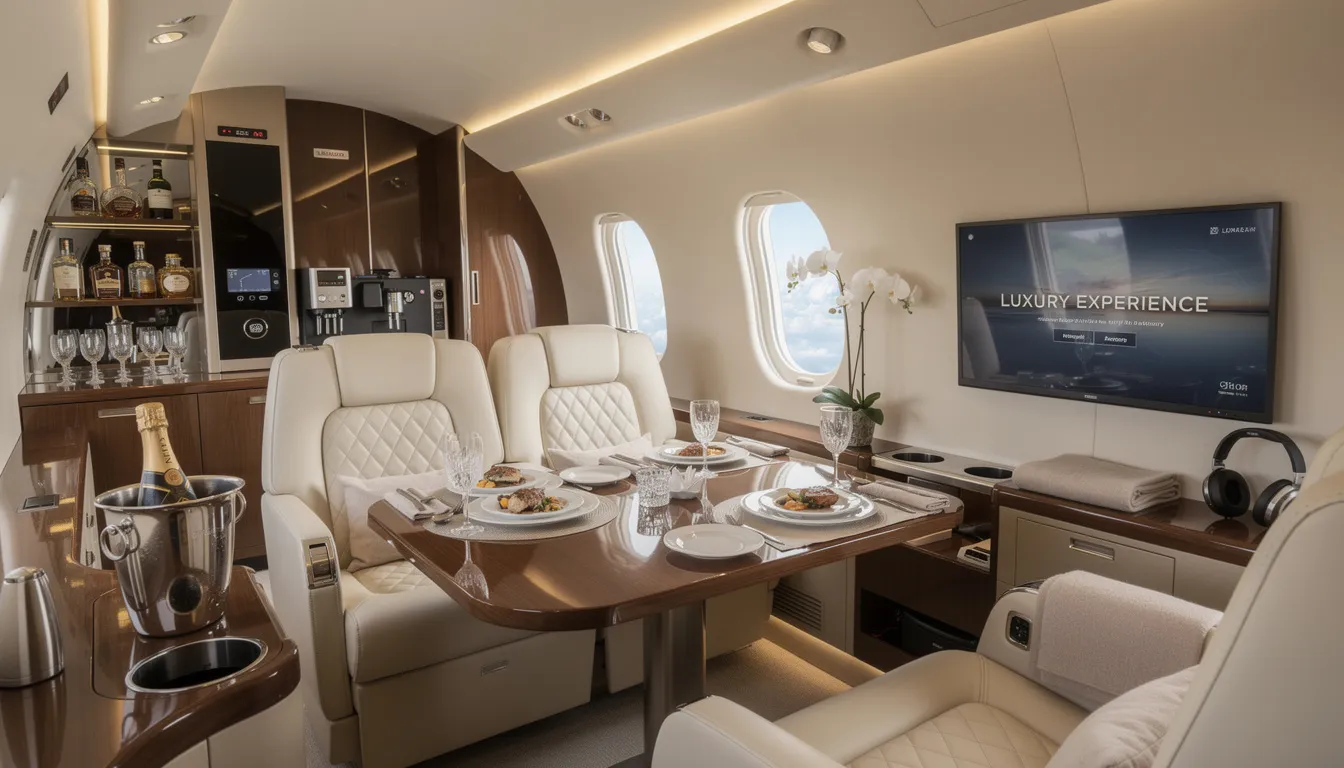 The image showcases the luxurious onboard amenities of a private jet, featuring a spacious cabin designed for comfort and relaxation, complete with personalized service, in-flight catering, and private suites. This luxurious private jet experience highlights the exceptional range of services available for discerning travelers seeking a seamless journey in private aviation.