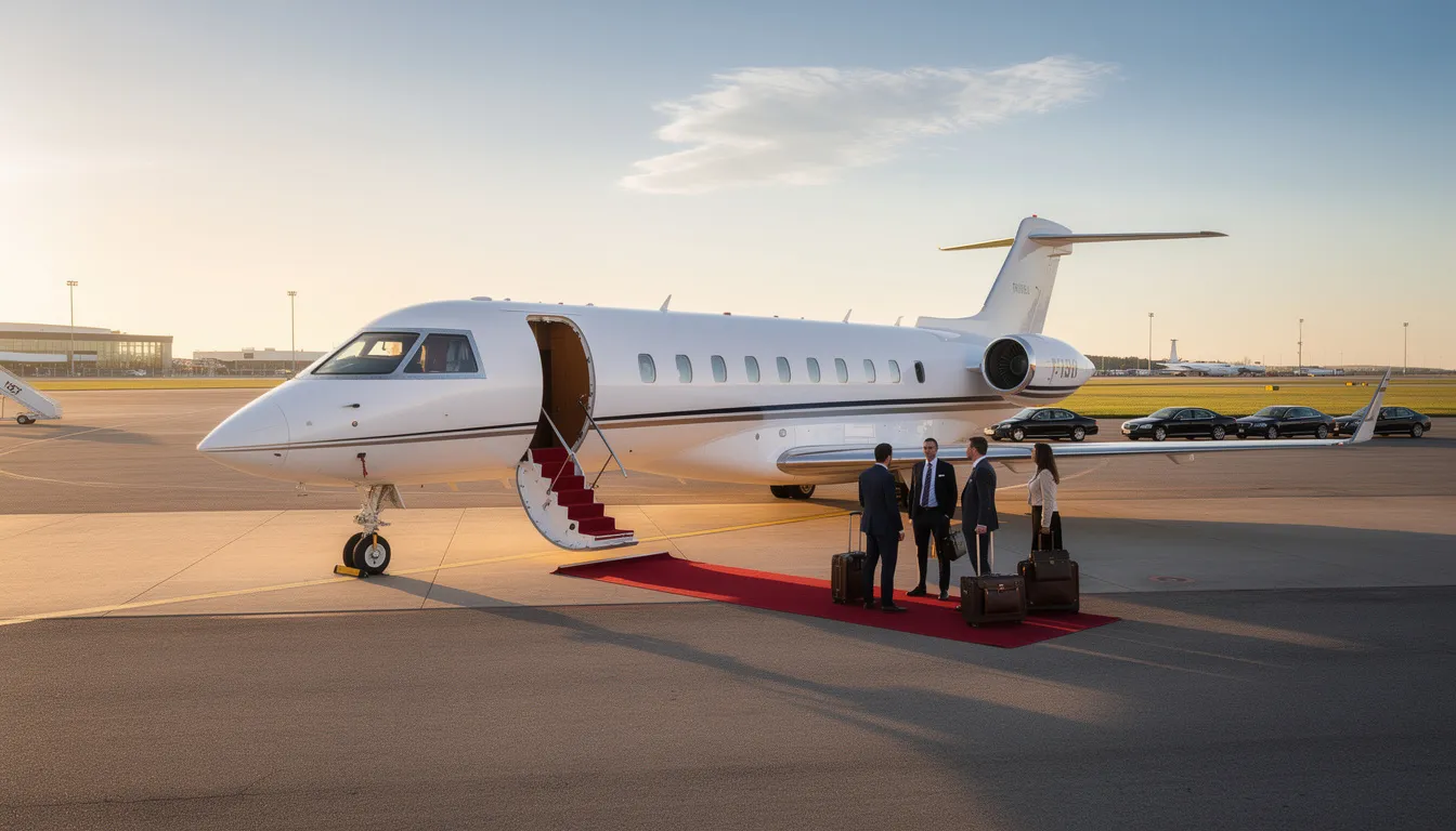 The image depicts a sleek private jet parked on a runway, representing the luxury and convenience of private jet travel. This charter flight option offers discerning travelers a seamless travel experience with personalized service and direct access to various destinations.