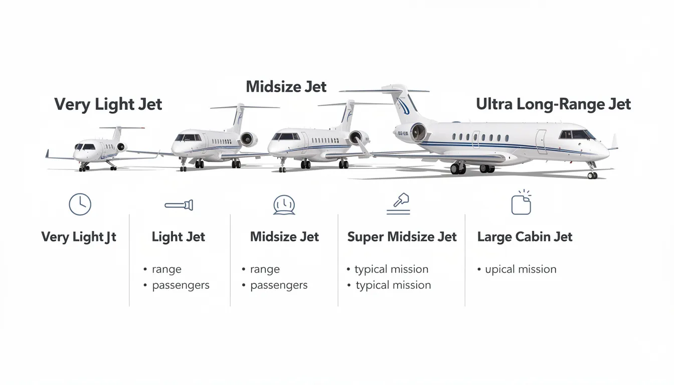 The image illustrates various categories of business jets, including light jets, midsize aircraft, and heavy jets, highlighting their roles in the private aviation industry. It emphasizes the advantages of private jet travel, such as efficient aircraft for charter flights and exceptional service for discerning travelers.