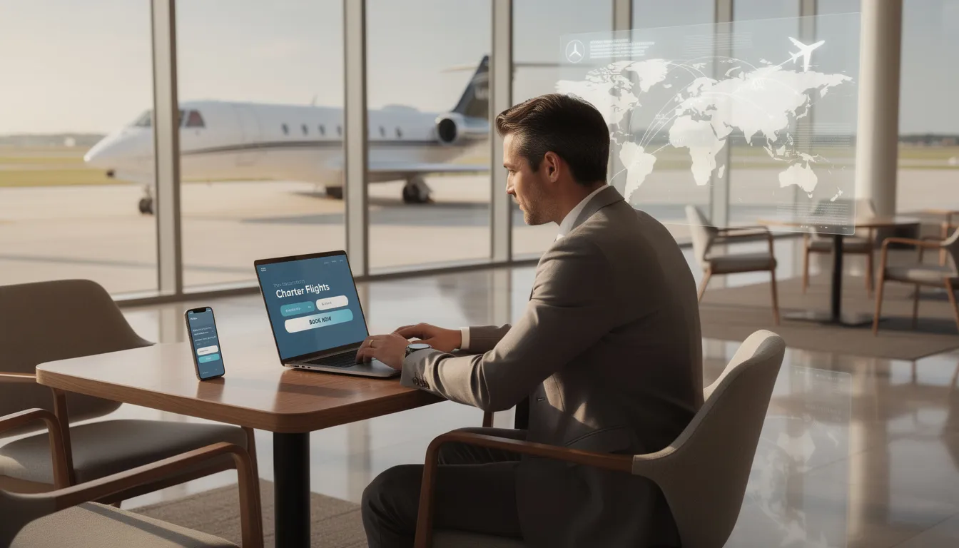 The image depicts a user-friendly online platform for booking charter flights, showcasing various options for private jet travel, including light jets and midsize aircraft. It emphasizes the convenience of private aviation, allowing discerning travelers to efficiently plan their travel with exceptional service and access to smaller airports.