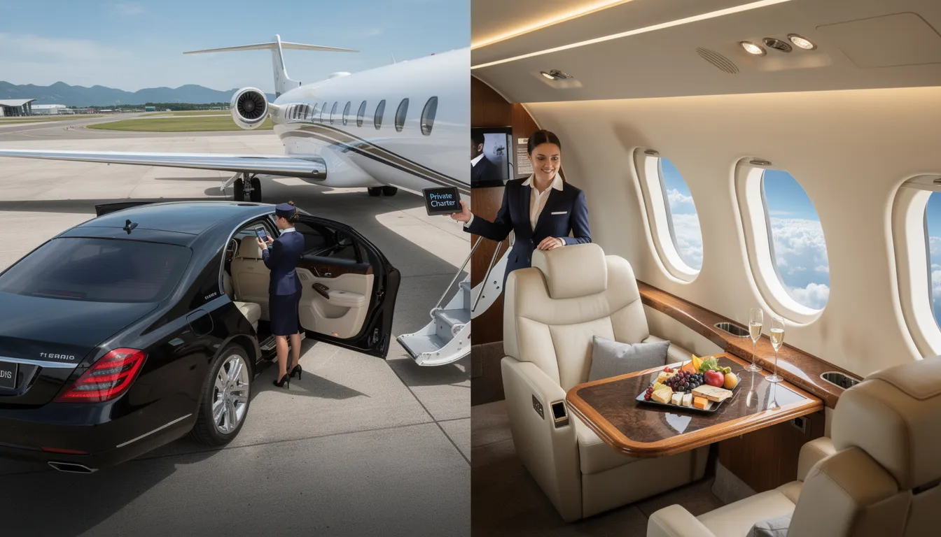 The image showcases a sleek private jet parked at a luxurious private terminal, emphasizing the elegance and convenience of private jet travel. This scene highlights the benefits of chartering a private jet, such as avoiding long security lines and enjoying personalized concierge services for a stress-free travel experience.