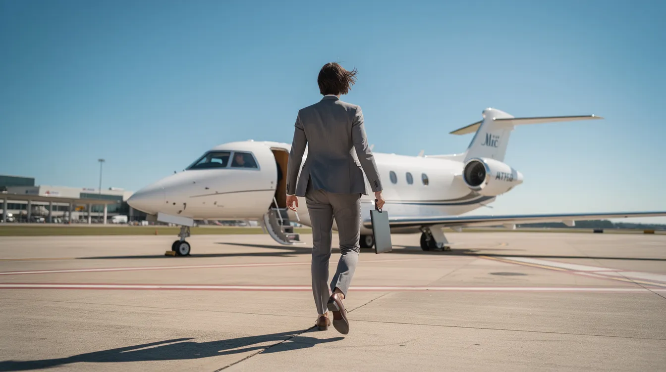 A person dressed in business casual attire walks confidently toward a small private jet parked on a sunny runway, under a clear blue sky, symbolizing the luxury and convenience of private jet travel. This scene captures the essence of private jet charter services, highlighting the ease of flying privately.