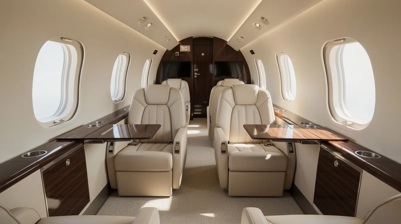 The interior of a midsize private jet cabin features luxurious cream leather seats paired with elegant wood grain accents, creating a sophisticated atmosphere for private jet travel. This inviting space is designed for comfort and style, perfect for those considering private jet charter services for their next flight.