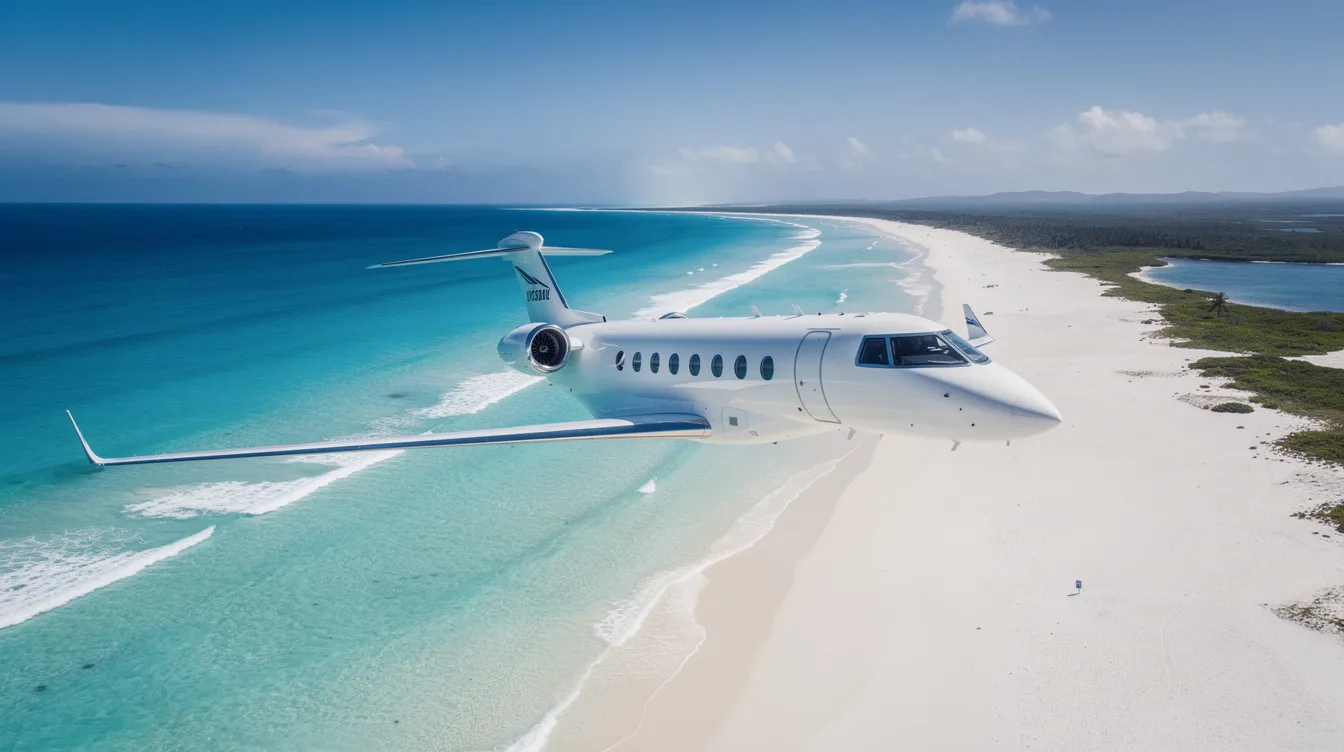 A private jet soars gracefully above a stunning turquoise coastline, where white sand beaches stretch invitingly below. This picturesque scene captures the essence of private jet travel, showcasing the luxury and beauty of flying in a private aircraft.