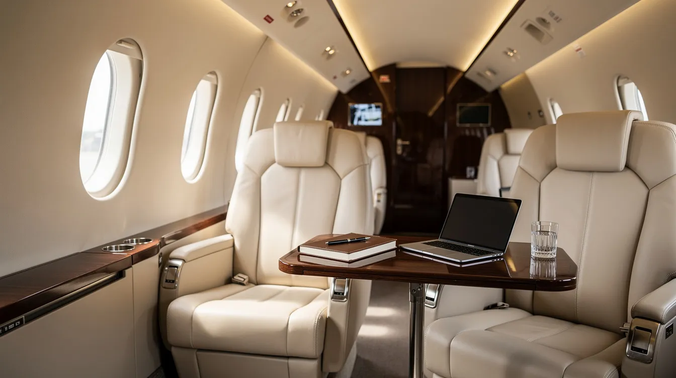 The image depicts the luxurious interior of a private jet cabin, featuring plush leather seats and a small work table, ideal for business or leisure travel. This elegant space exemplifies the comfort and exclusivity of private air travel, perfect for those seeking private charter flights.