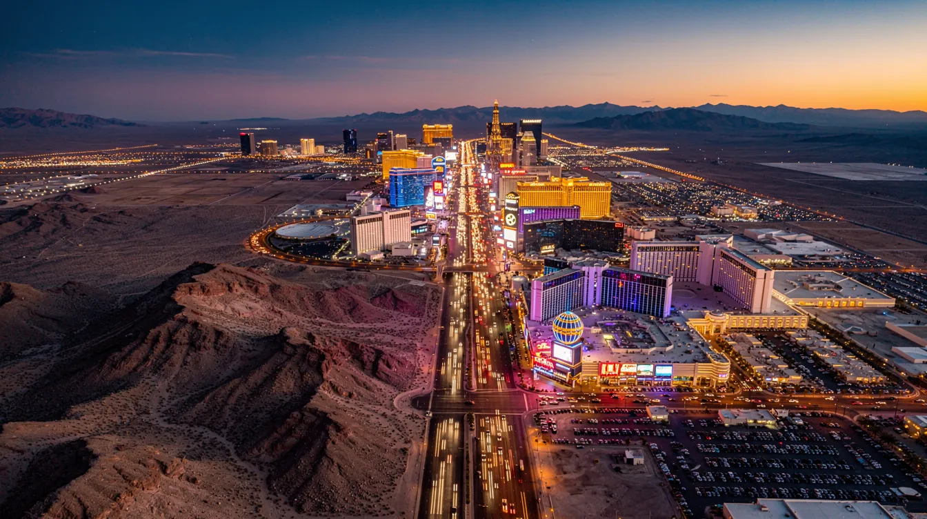 An aerial view of the Las Vegas Strip at dusk showcases the vibrant city lights against the backdrop of the surrounding desert landscape. The scene encapsulates the allure of private air travel, with the potential for private charter flights to this iconic destination.