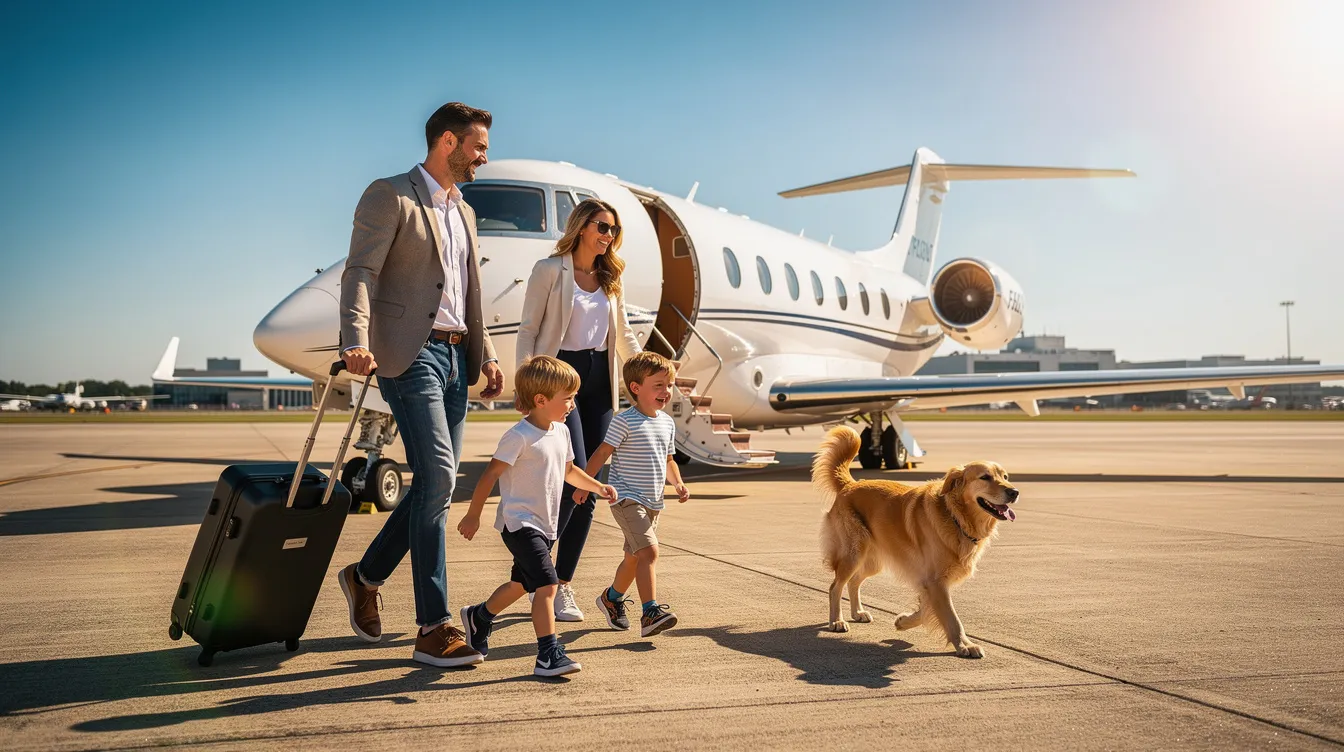 A family with children and a golden retriever is walking toward a small white private jet on a sunny day, ready for their private air travel adventure. The scene captures the joy of leisure travel as they approach the aircraft, highlighting the convenience of private charter flights.
