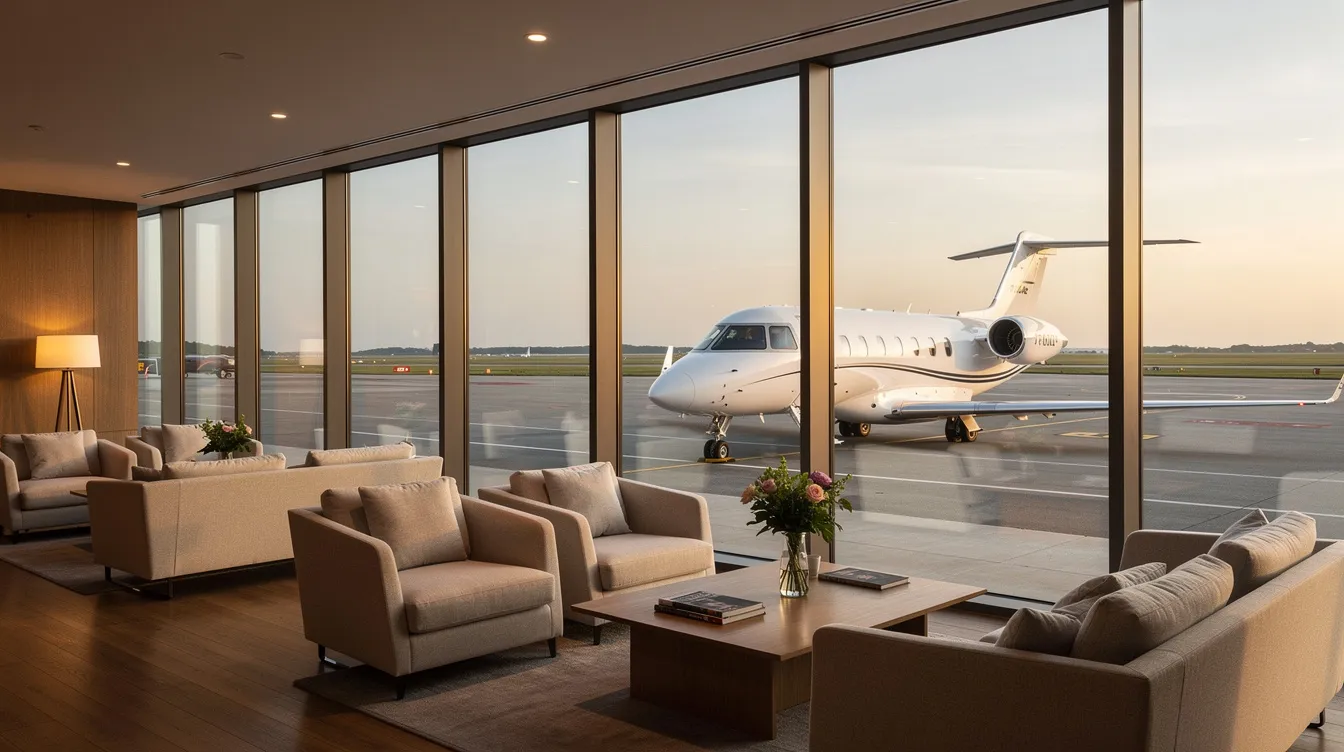 The image depicts a spacious private terminal lounge featuring large windows that provide a view of a runway, where a small private jet is parked outside. This elegant setting is designed for private air travel, offering comfort and attentive service for travelers awaiting their private charter flights.