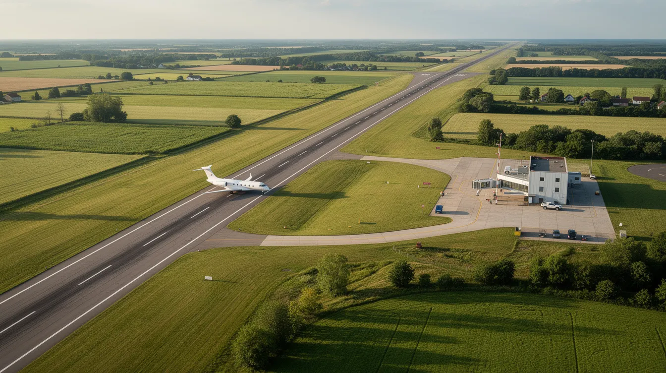 An aerial view of a small regional airport showcases a private jet taxiing along a single runway, surrounded by lush green landscapes. This scene highlights the accessibility and charm of private jet travel, emphasizing the convenience of charter flights from smaller airports.