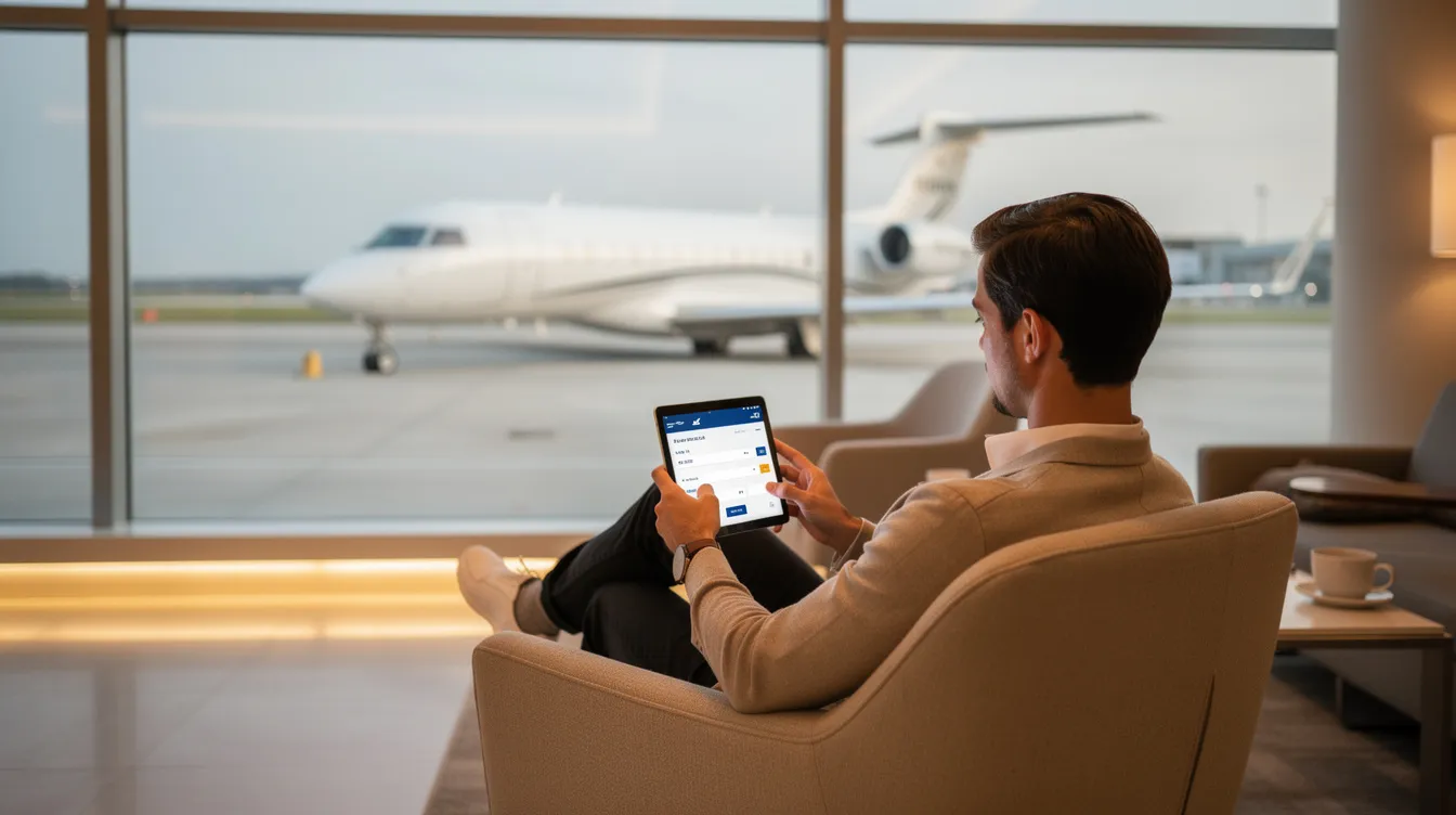 A person is seated in a sleek, modern airport lounge, intently browsing flight options on a tablet. Behind them, a private jet is visible through the large window, highlighting the allure of private jet travel and the convenience of charter flight services.