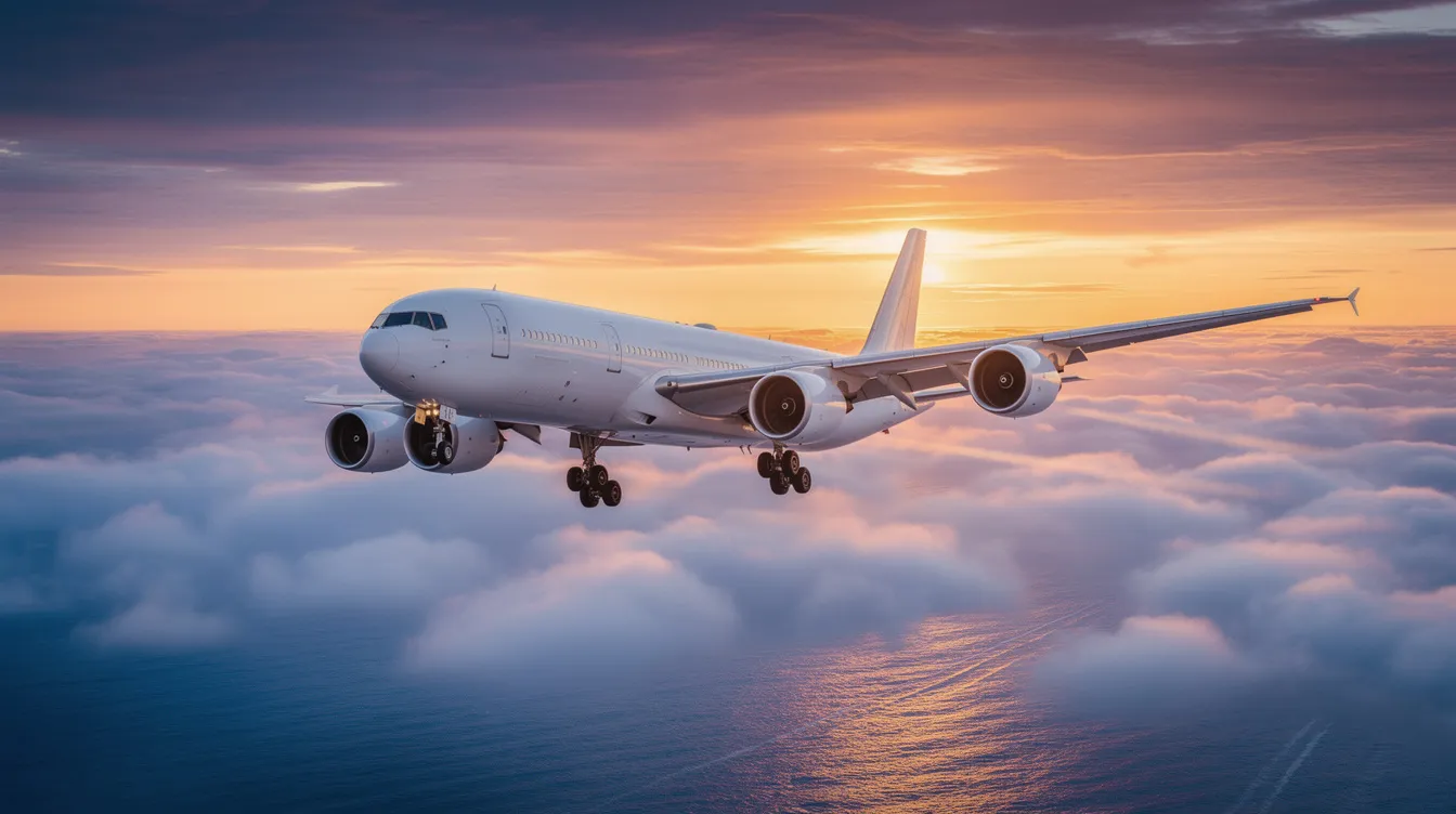 A large white heavy jet soars above fluffy clouds, casting a shadow on the ocean below, as the sun sets in a vibrant display of orange and pink hues. This scene beautifully captures the essence of private jet travel, showcasing the luxury and freedom of flying in a heavy jet charter.