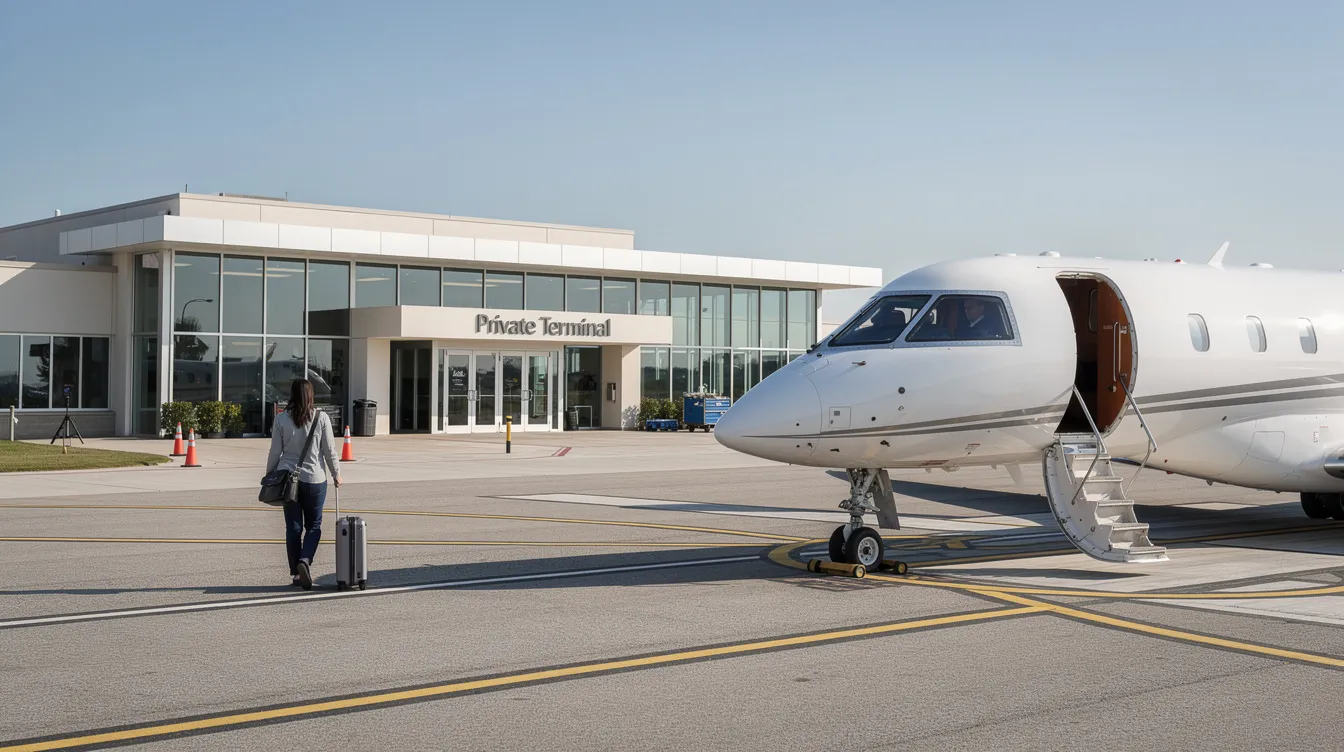 The image shows a small private terminal building with a sleek white jet parked outside, while a passenger walks towards the aircraft, highlighting the convenience of private jet travel and charter flights. This scene captures the essence of personalized service and seamless travel experience in private aviation.