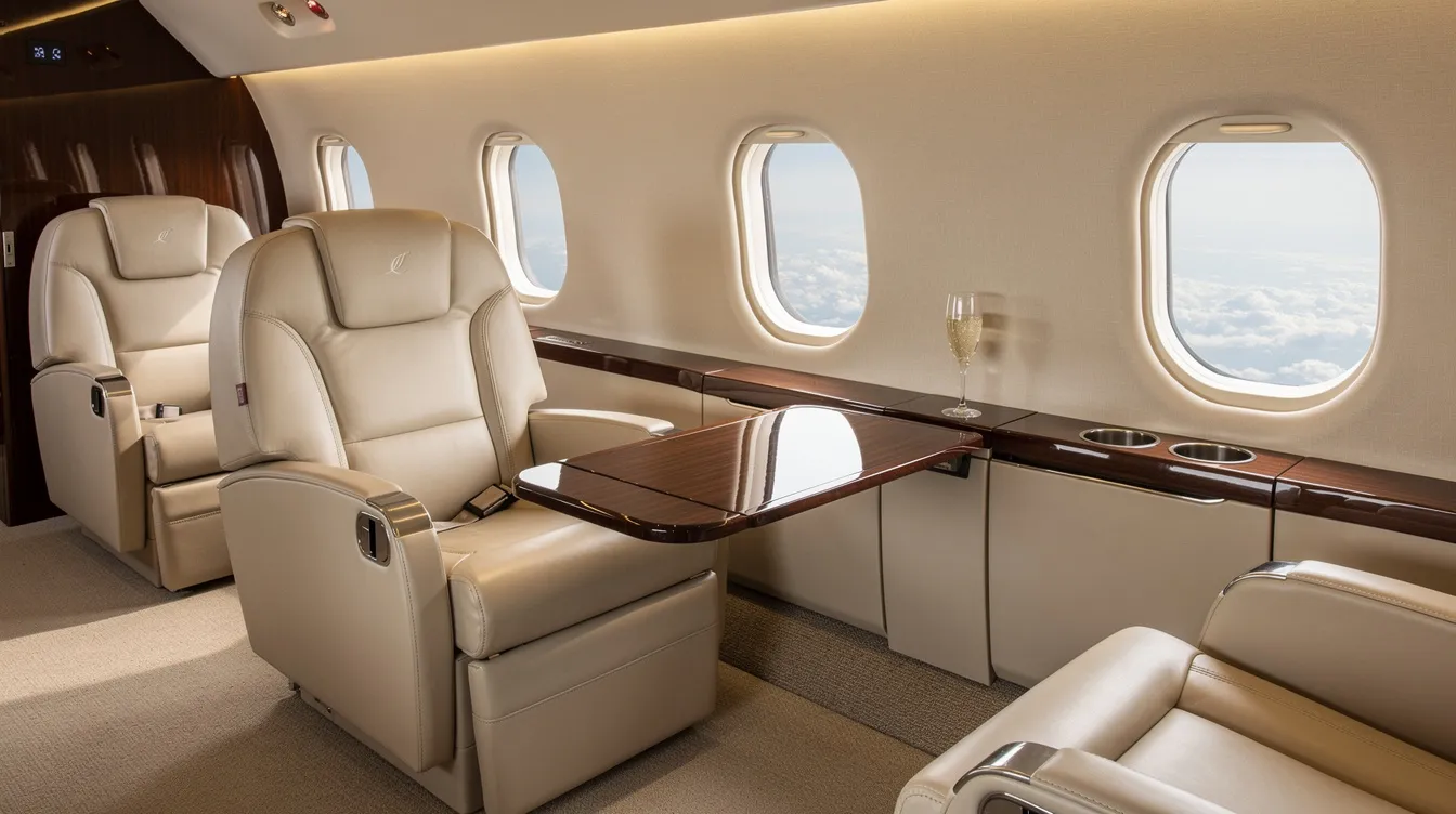 The image depicts the luxurious interior of a midsize private jet, featuring cream leather seats and elegant wood-grain tables, all illuminated by soft ambient cabin lighting, offering a seamless travel experience for private jet travel. This inviting space is ideal for both business and leisure travelers seeking comfort and style during their journey.