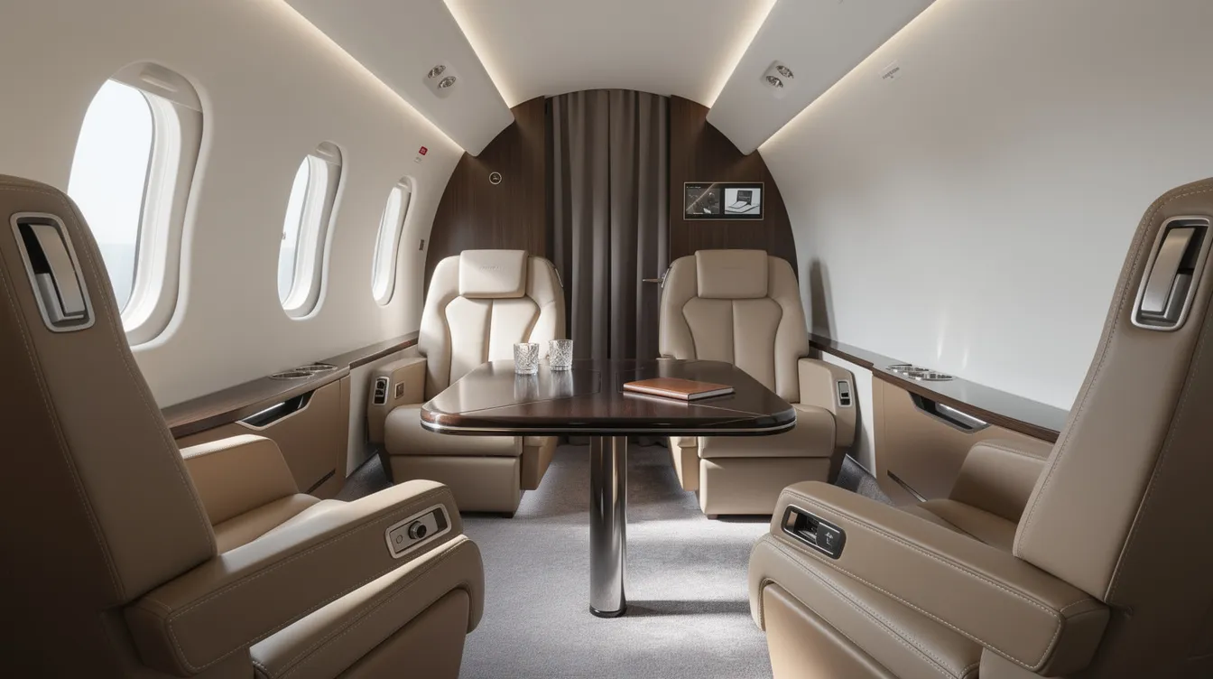 The image showcases the interior of a modern private jet cabin, featuring plush leather seats arranged around a small table, creating an inviting space for passengers. This luxurious setting exemplifies the comfort of private jet travel, ideal for those seeking a private jet charter experience.