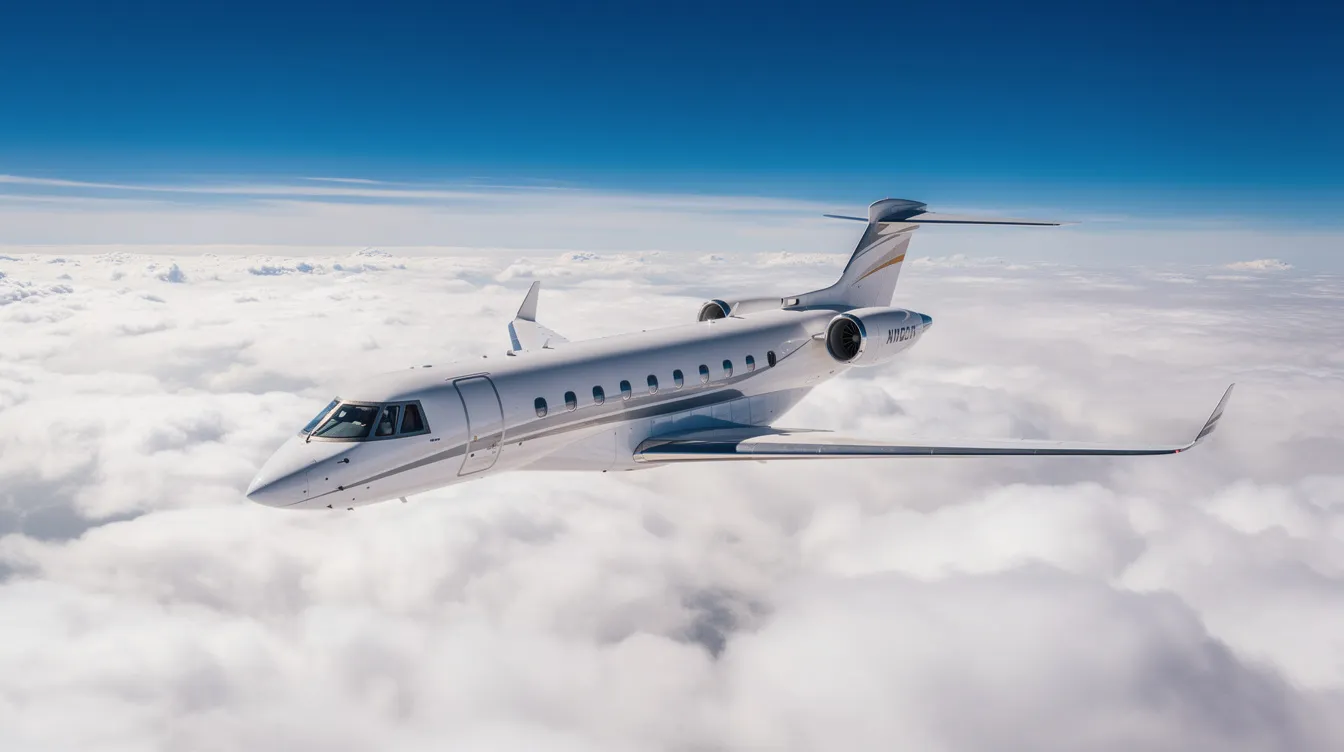 A private jet soars above a thick layer of white clouds, set against a clear blue sky, showcasing the elegance of private aviation. This image captures the luxurious experience of flying private, emphasizing the beauty of aerial travel.