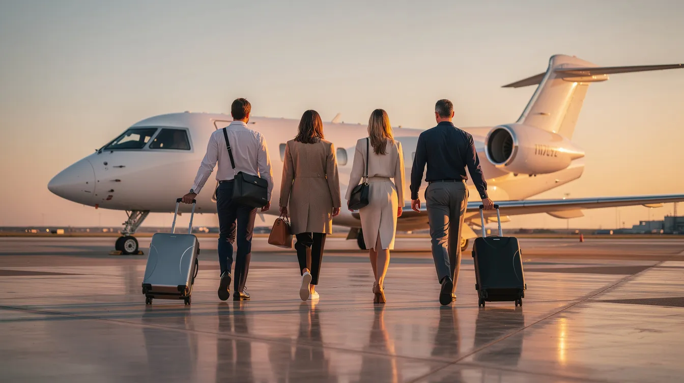 A small group of travelers is walking towards a private jet on a quiet airport apron, each carrying their own bags, ready for their exclusive private flight experience. This scene highlights the luxury and convenience associated with private aviation and jet card membership, offering members priority access and guaranteed availability for their journeys.