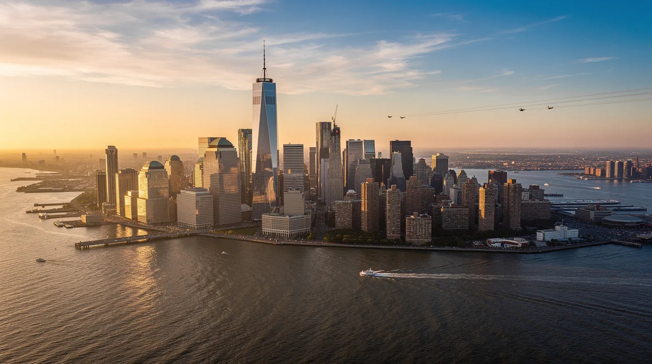 An aerial view captures the iconic New York City skyline, showcasing tall skyscrapers alongside the winding Hudson River, with small aircraft visible in the distance, hinting at private jet travel and charter flights in the bustling urban landscape. The scene highlights the intersection of business aviation and the vibrant energy of the city.