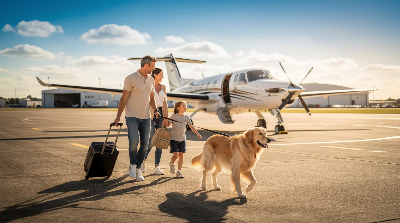 A family with children and a dog is walking toward a small private jet on a sunny day, ready for their private travel experience. The scene captures the joy of family adventures and the convenience of private aviation.