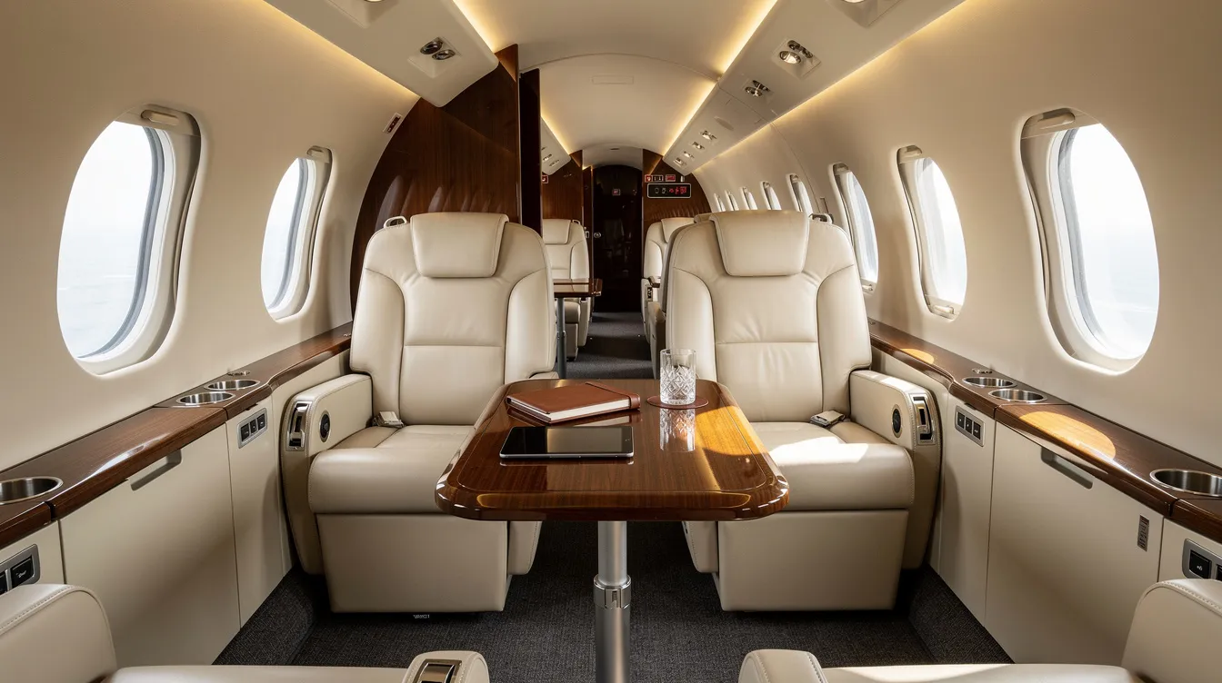 The image depicts the interior of a midsize business jet cabin featuring plush leather seats arranged around a small table, creating a comfortable and luxurious environment for private jet travelers. This space is designed for convenience and style, making it ideal for business executives and leisure travelers alike.