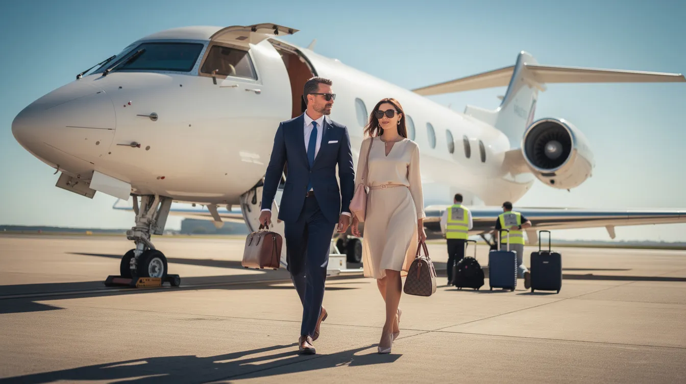 A couple is walking toward a private jet on a sunny day, with their luggage being loaded in the background, showcasing the convenience of private jet travel. The scene captures the essence of luxury and efficiency in private charter flights.