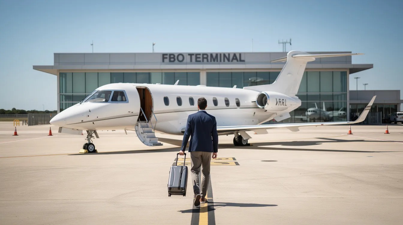 A person is walking toward a small private jet parked at an FBO terminal under clear blue skies, emphasizing the luxury of private jet travel. The scene captures the ease and exclusivity of charter flights, highlighting the convenience of private aviation.