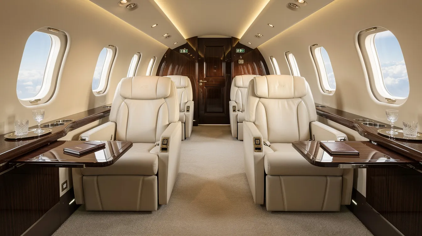The image showcases the luxurious interior of a large private jet cabin, featuring plush leather seats, elegant polished wood surfaces, and spacious oval windows that provide ample natural light. This opulent design exemplifies the comfort and sophistication associated with private aviation, making it ideal for both business and leisure travel.