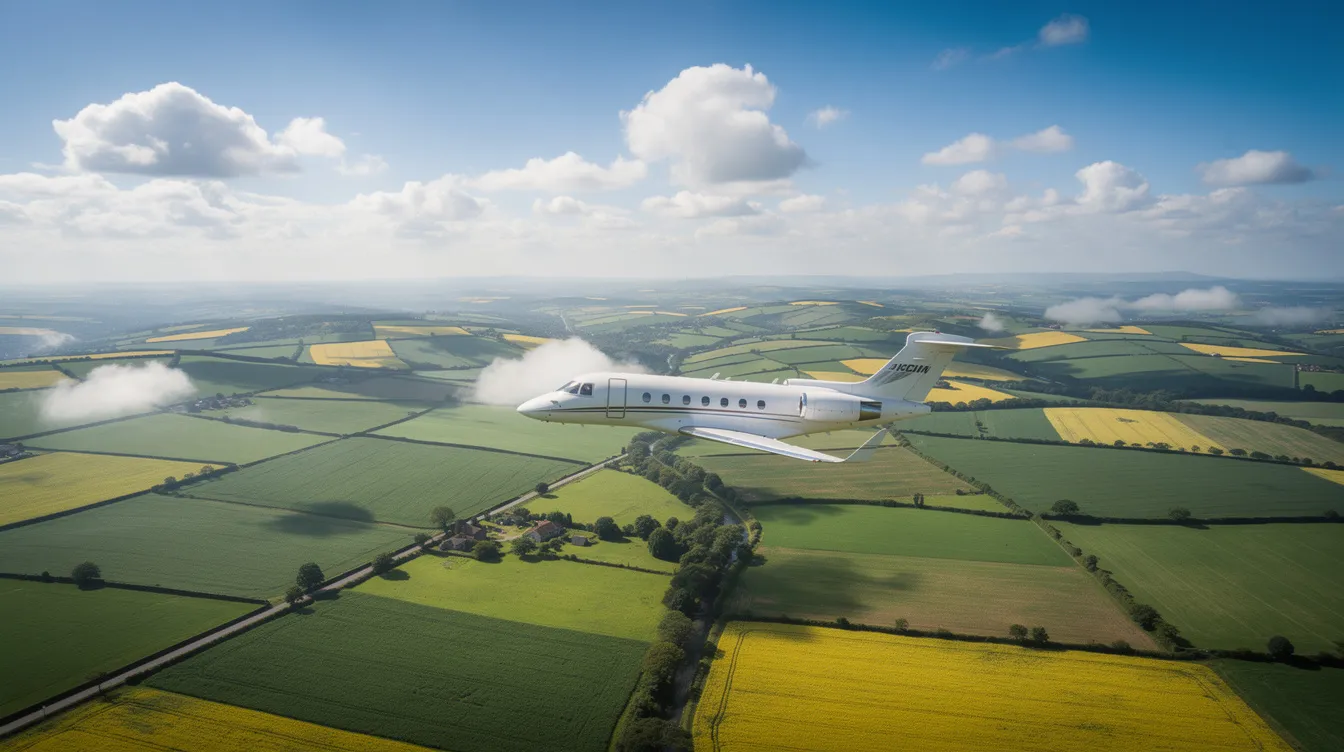 A small light jet aircraft is soaring above a lush green countryside dotted with fluffy white clouds, showcasing the beauty of private aviation. This scene highlights the elegance of flying private, offering a glimpse into the world of private jet travel.