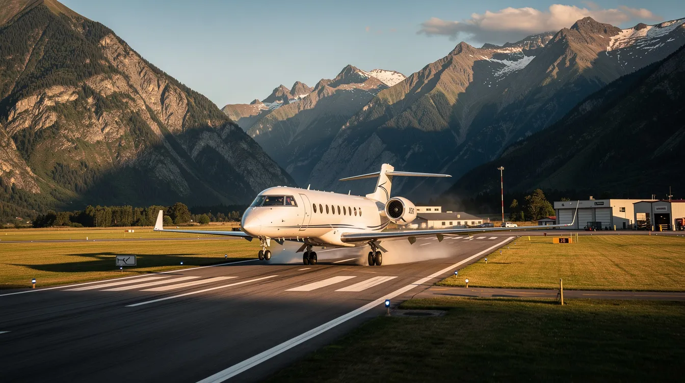 A private jet is landing on a runway at a small regional airport, surrounded by picturesque mountains. This scene captures the essence of private aviation, showcasing the luxury and efficiency of private jet travel in a serene setting.