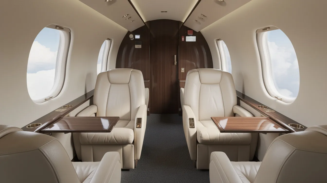 The interior of a midsize private jet cabin features luxurious leather seats and elegant wood trim, with a large window revealing fluffy clouds outside. This inviting space is designed for passenger comfort, making it ideal for private charter flights and business aviation journeys.