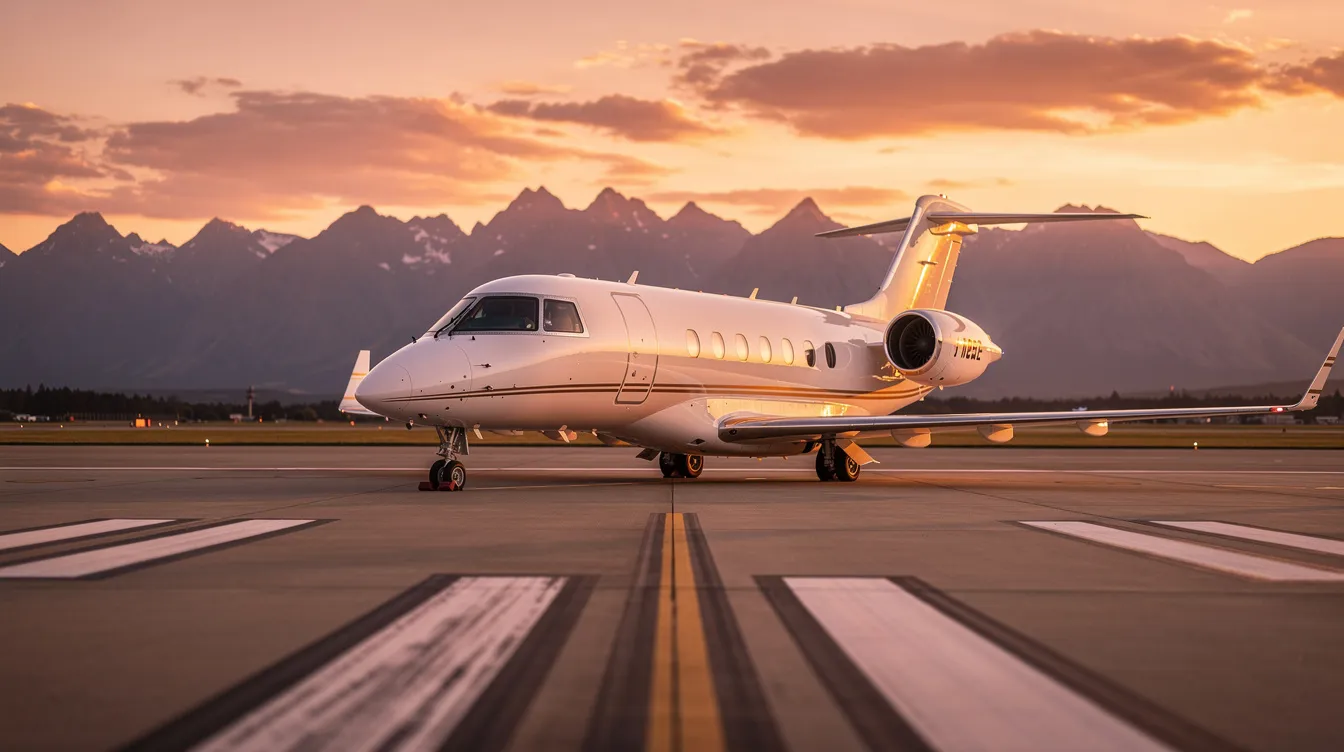 A light private jet sits on a runway at sunset, with majestic mountains in the background, symbolizing the luxury and convenience of private aviation for travelers seeking personalized service and comfort. The warm hues of the sunset enhance the scene, highlighting the jet aircraft ready for an exclusive journey.