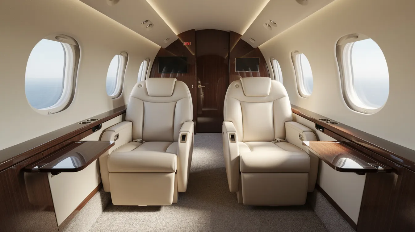 The image depicts the interior of a modern midsize private jet cabin featuring cream leather seats and elegant wood trim, illuminated by natural light streaming through oval windows. This luxurious space is designed for comfort and efficiency, ideal for business aviation and air charter services.
