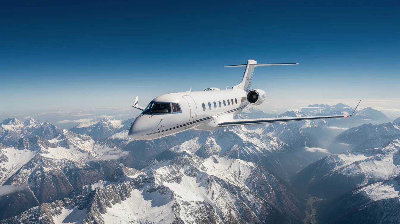 A light private jet soars above stunning snow-capped mountains under a clear blue sky, showcasing the beauty of business aviation and the efficiency of modern aircraft. This scene captures the essence of luxury travel, ideal for air charter services and business meetings in remote locations.