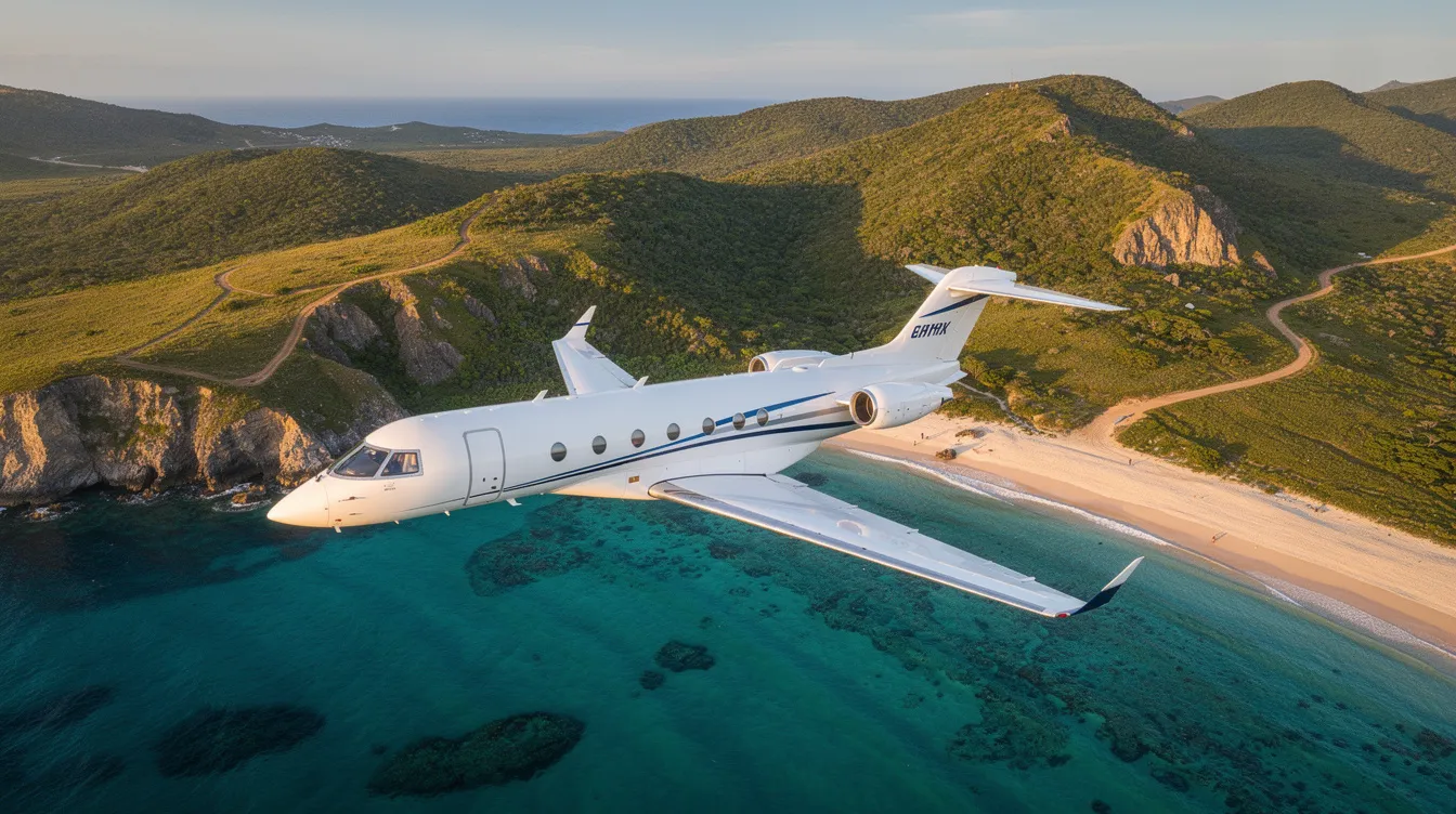 An aerial view captures a private jet soaring above a stunning turquoise coastline, with lush green hills sprawling below. This image highlights the allure of private jet travel, showcasing the beauty of flying private over picturesque landscapes.
