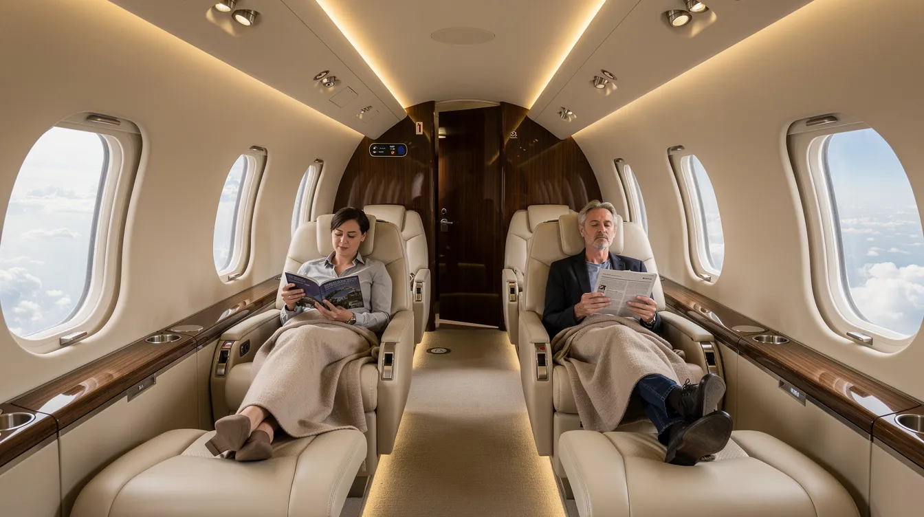 Inside a luxurious private jet cabin, passengers are seen relaxing in plush leather seats, surrounded by soft ambient lighting and elegant oval windows. This serene environment highlights the comfort and exclusivity of private jet travel, offering a seamless travel experience for discerning travelers.
