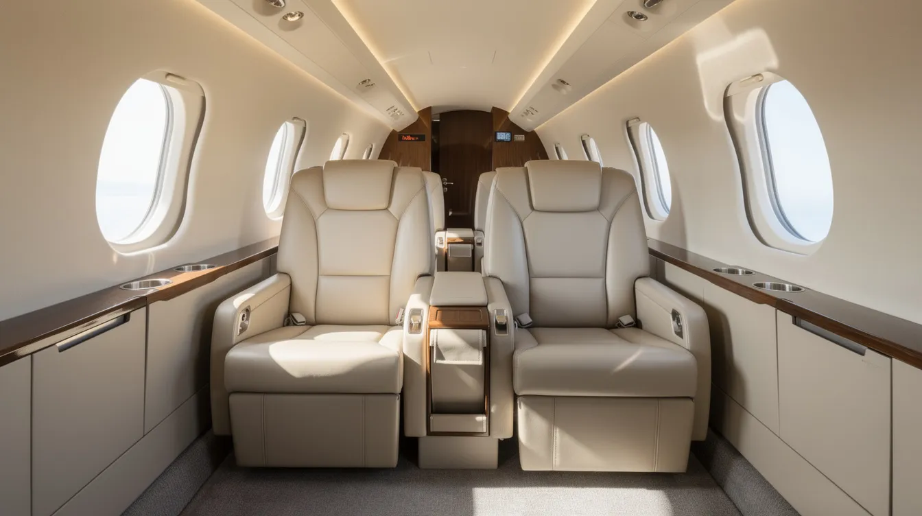 The interior of a light jet aircraft features luxurious leather club seats and ample natural light streaming through oval windows, creating a modern and inviting cabin perfect for private jet travel. This compact space is designed for comfort, catering to the needs of travelers seeking a seamless travel experience on private flights.