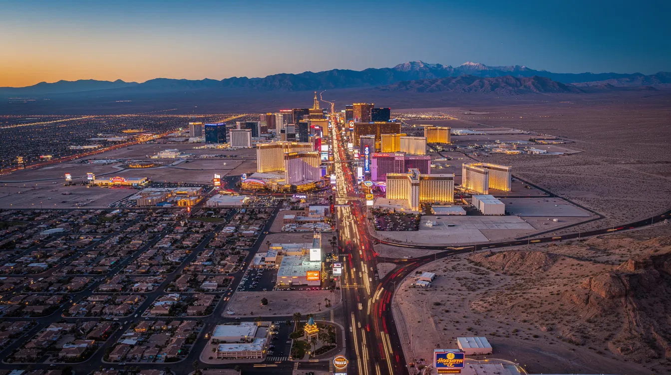 An aerial view captures the vibrant Las Vegas Strip illuminated at dusk, with the vast desert landscape stretching behind the dazzling city skyline. This scene highlights the allure of private jet travel, offering a seamless travel experience for those seeking adventure in this iconic destination.
