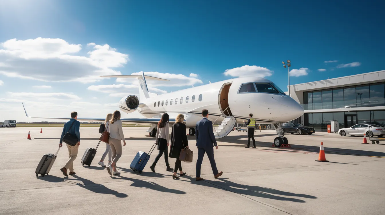 A group of passengers is walking across a sunlit tarmac towards a small private jet parked at a private terminal, highlighting the allure of private aviation for those seeking a more exclusive travel experience. The scene captures the convenience and luxury associated with private flights, making it an ideal choice for business aviation enthusiasts and frequent flyers.