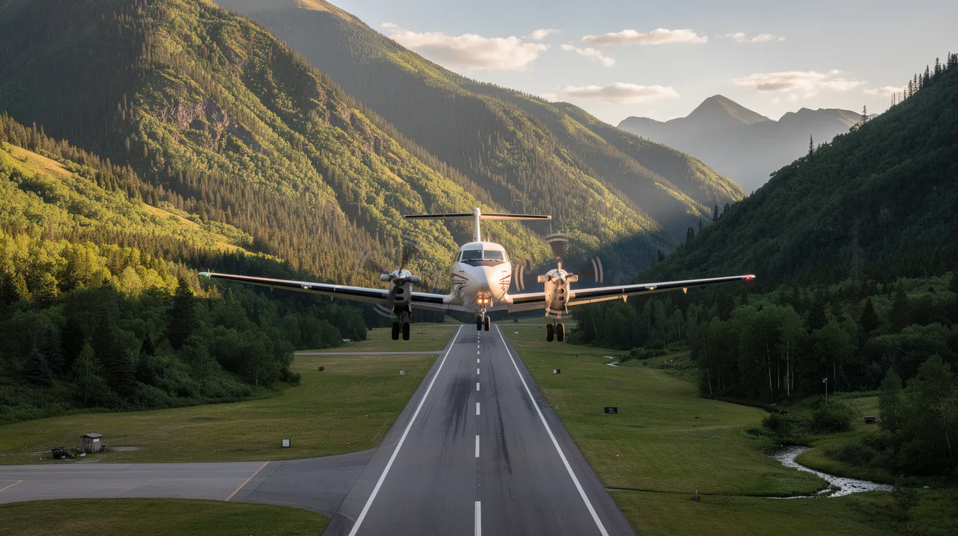 A turboprop aircraft is landing on a small mountain runway, surrounded by lush green trees, showcasing the beauty of private aviation in a remote location. This scene highlights the versatility of turboprop aircraft for accessing regional airports and remote destinations.