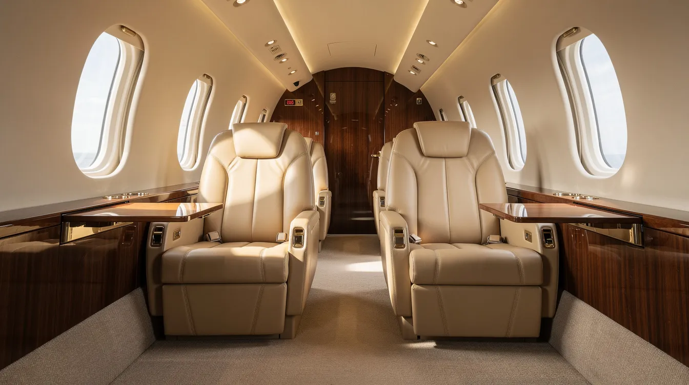 The image depicts the interior of an empty private jet cabin featuring luxurious leather seats and ample natural light streaming through oval windows, highlighting the spacious cabin typical of private aviation. This serene atmosphere is ideal for private flights, offering a glimpse into the comfort and elegance associated with private jet travel.
