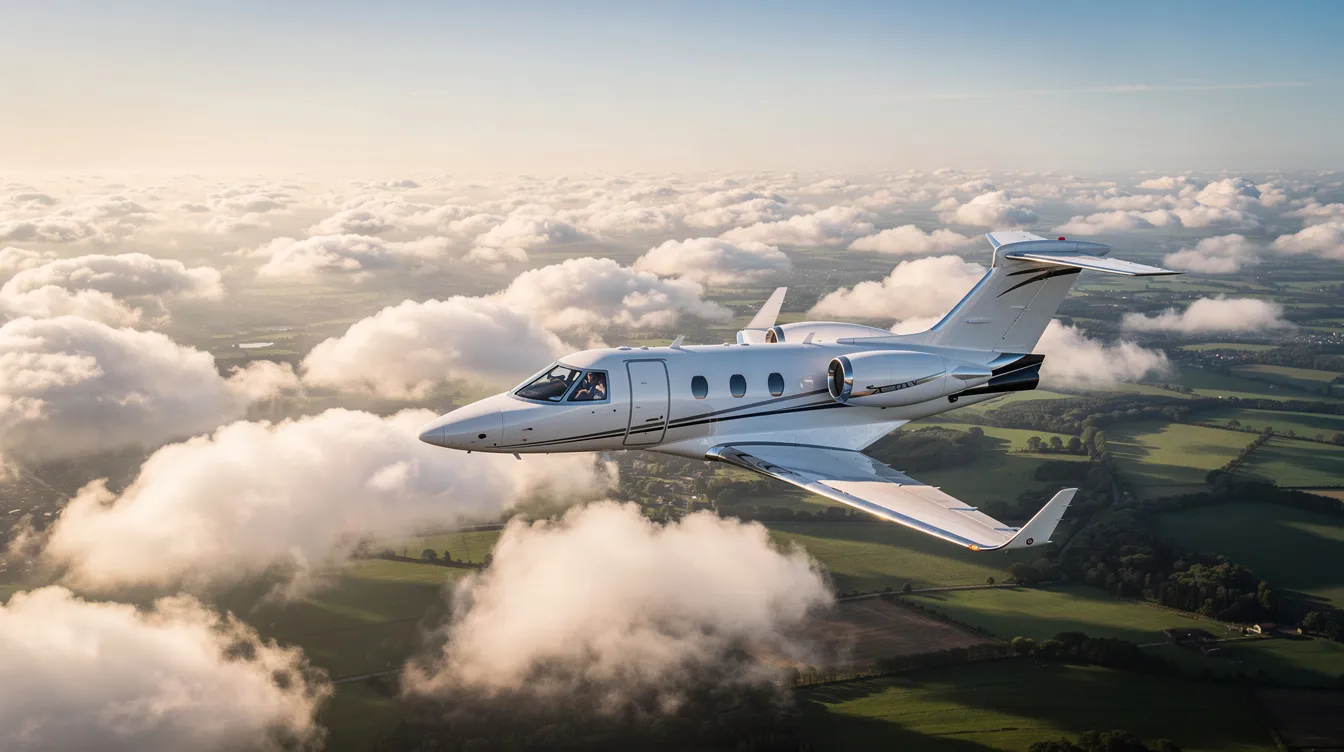 A sleek single-engine very light jet soars above scattered clouds, with a lush green landscape visible below, showcasing the beauty of private aviation. This image captures the essence of flying private, highlighting the efficiency and elegance of light jets in the sky.