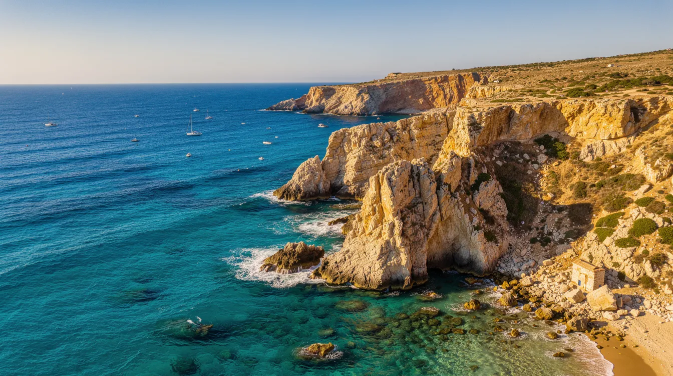 An aerial view captures the stunning Mediterranean coastline, featuring vibrant turquoise waters and rugged rocky cliffs under a clear blue sky on a sunny day, perfect for those seeking luxury travel experiences like private jet flights or charter flights to popular destinations. This picturesque landscape invites travelers to explore its beauty, offering a serene escape for leisure and adventure.