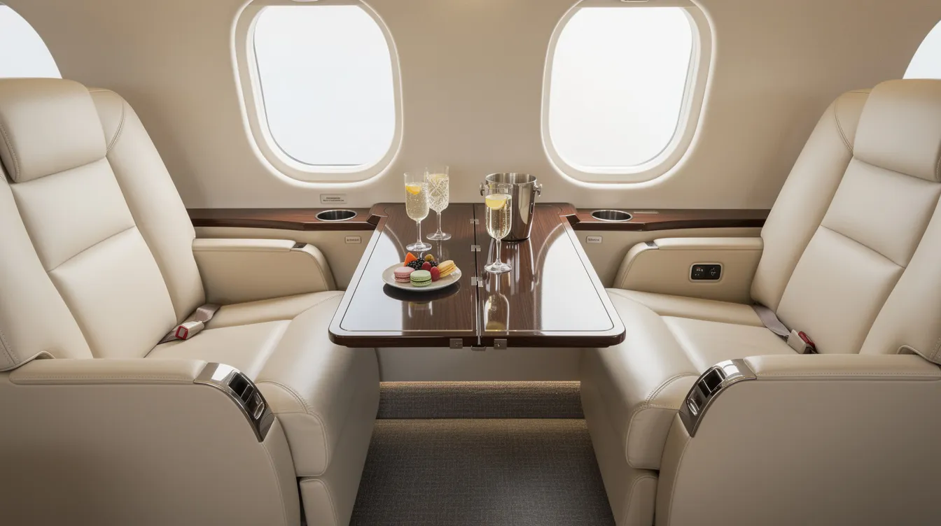 The image shows the interior of a light jet cabin featuring cream leather seats and a small table elegantly set with refreshments, ideal for passengers enjoying a private flight experience. This luxurious environment highlights the comfort and style associated with private jet travel and charter flights.