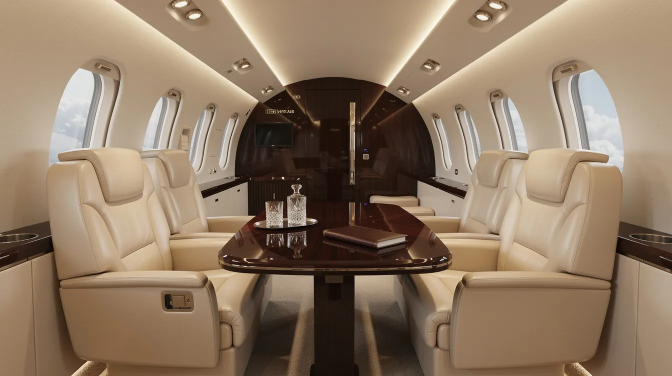 The image showcases the luxurious interior of a private jet cabin, featuring cream leather seats, a polished wood table, and soft LED lighting, designed for an elegant and comfortable private air travel experience. This sophisticated setting exemplifies the high standards of private jet charter and business aviation.