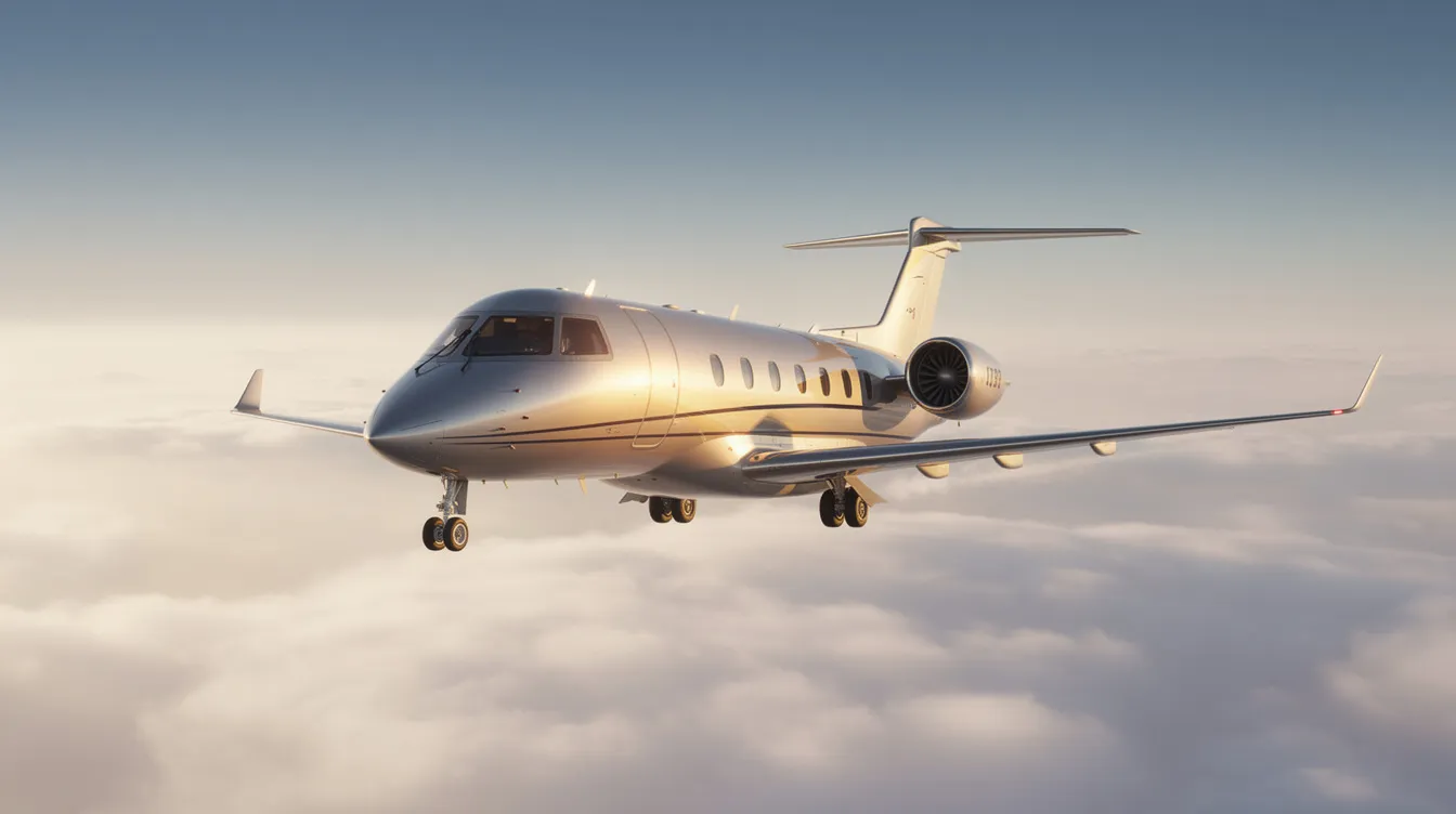A sleek modern private jet soars above a layer of fluffy white clouds, illuminated by golden sunlight reflecting off its polished fuselage, symbolizing luxury travel and the convenience of private aviation. This image captures the essence of private flights, showcasing the elegance and freedom offered by private jet charters.
