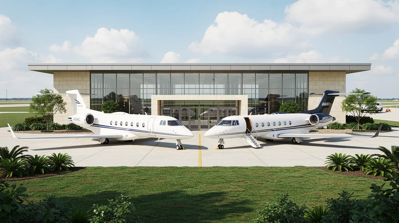 The image depicts a small private jet terminal building with two business jets parked on the ramp, surrounded by lush green landscaping, illustrating the convenience and luxury of private air travel. This scene highlights the world of private aviation, emphasizing the personalized service and exclusive access offered to clients.