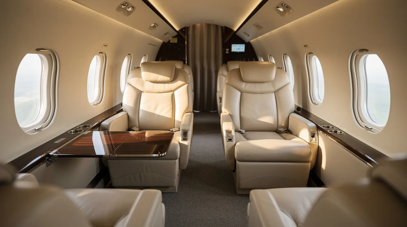 The image depicts the interior of a midsize private jet cabin featuring plush leather seats, a small table, and large oval windows that allow sunlight to stream in, creating a warm and inviting atmosphere for travelers. This luxurious setting exemplifies the comfort and elegance of private jet travel, making it ideal for both business and leisure trips.