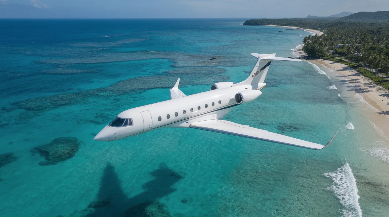 An aerial view captures a sleek white private jet soaring above the vibrant turquoise waters of a tropical coastline, symbolizing the luxury and convenience of private jet travel. This image highlights the allure of private aviation, offering a glimpse into an exclusive journey over stunning natural beauty.