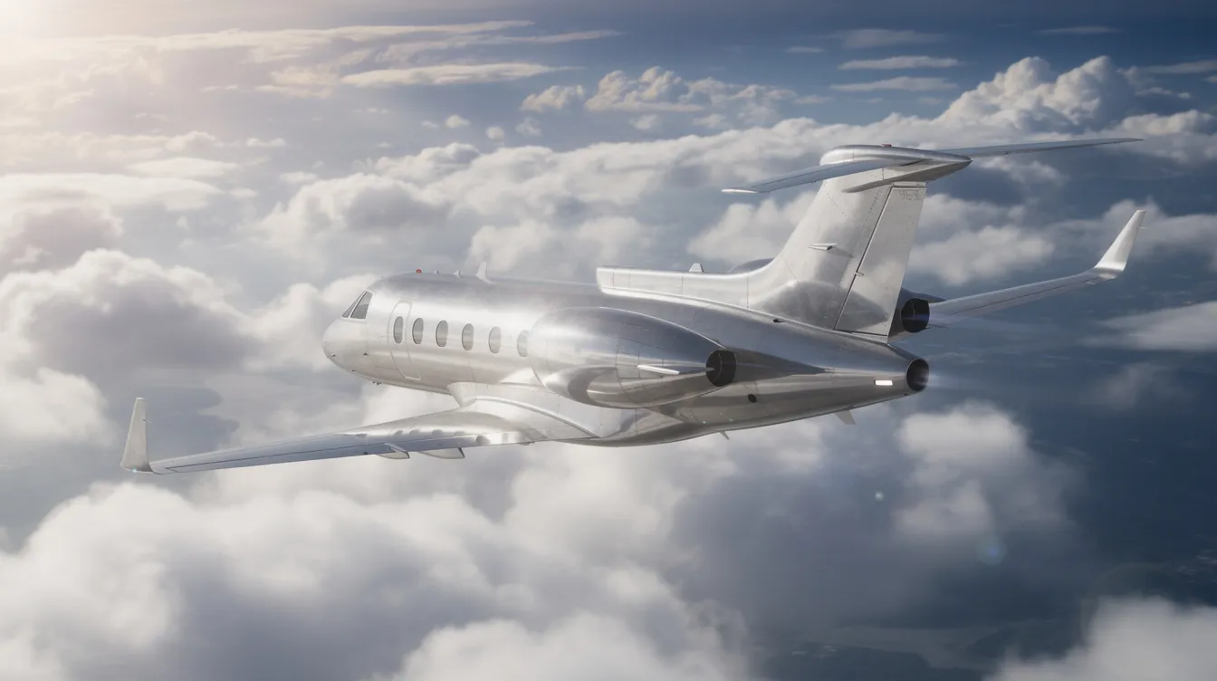 A sleek single-engine light jet glides through a partly cloudy sky, with sunlight glinting off its wings, showcasing its modern design and fuel efficiency. This compact personal jet is ideal for cross-country flights, accommodating up to six passengers comfortably.