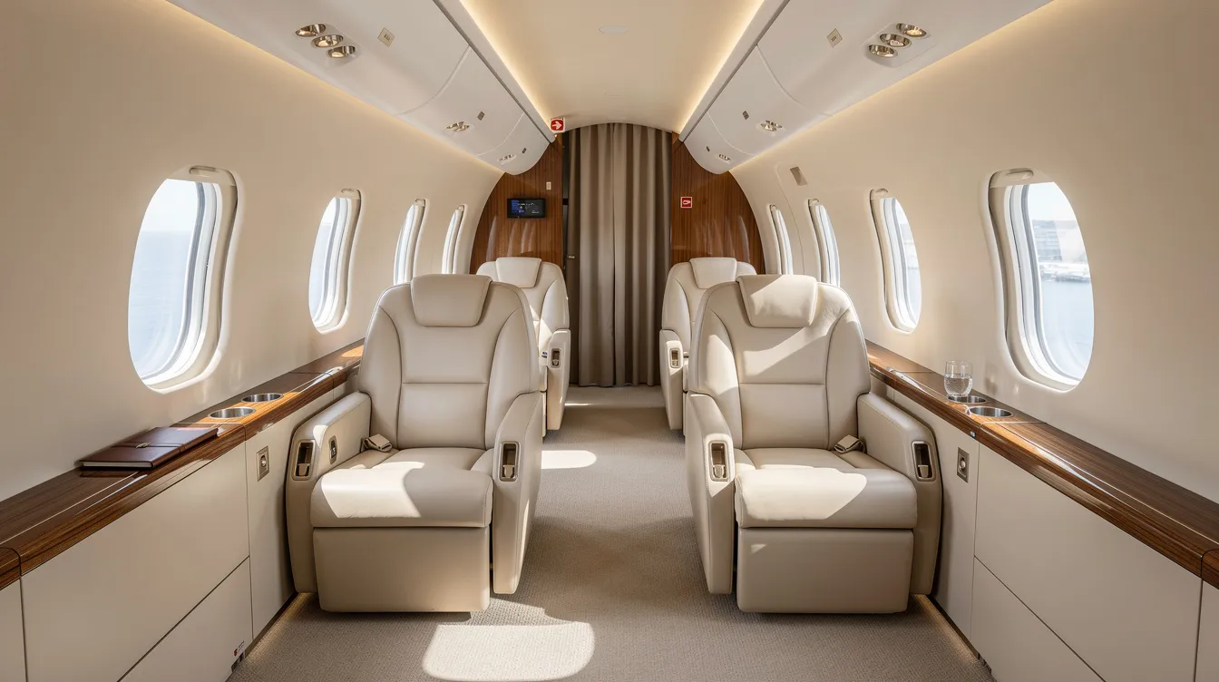 The image depicts the interior of a spacious midsize private jet cabin, featuring plush leather seats and ample natural light streaming through large windows. This luxurious setting is ideal for private jet travel, offering a comfortable and elegant environment for passengers.